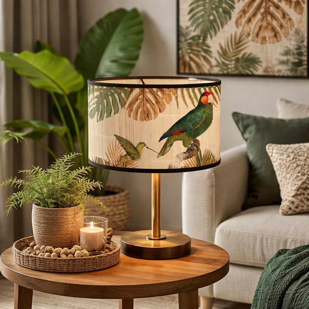 Abat-jour tropical en bambou sur lampe, ambiance chaleureuse et végétale dans un salon cosy.
