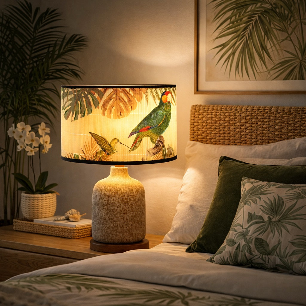 Abat-jour bambou motif jungle diffusant une lumière douce pour décoration tropicale et apaisante.