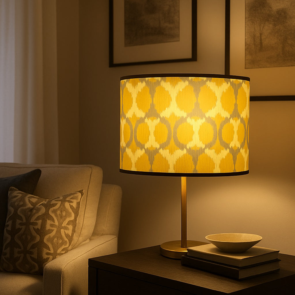 Lampe de table avec abat-jour jaune allumée, lumière tamisée et ambiance cocooning en soirée.