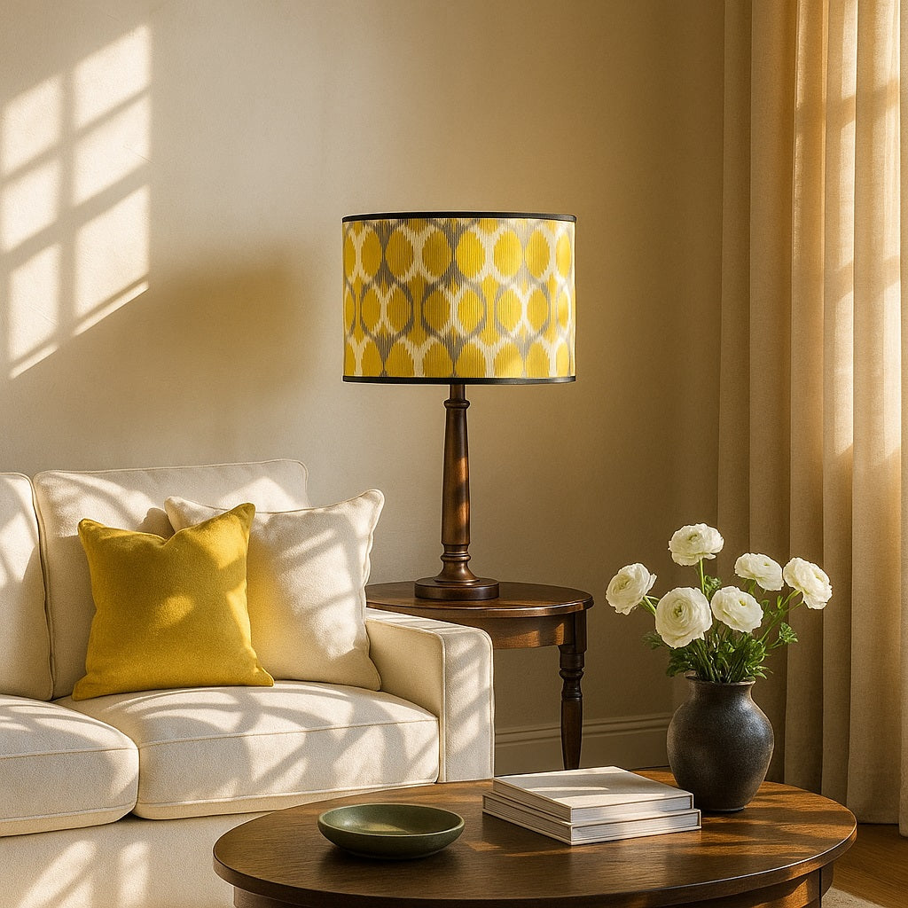 Lampe à abat-jour jaune sur table en bois, ambiance naturelle et douce dans un salon lumineux.