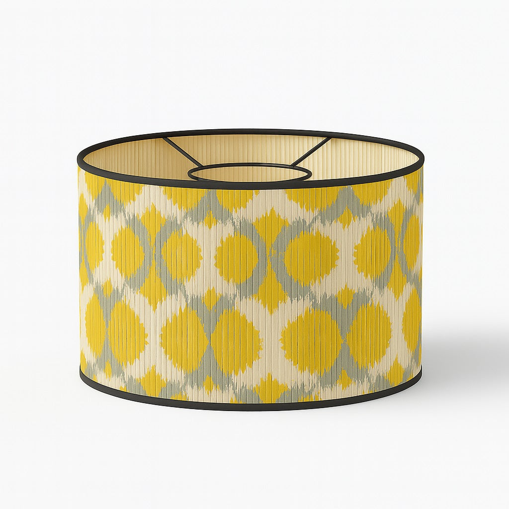 Abat-jour en bambou tressé aux motifs cercles jaunes et gris – design graphique, pour lampe ou suspension culot E27.