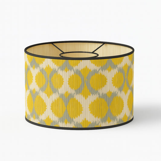 Abat-jour en bambou tressé aux motifs cercles jaunes et gris – design graphique, pour lampe ou suspension culot E27.