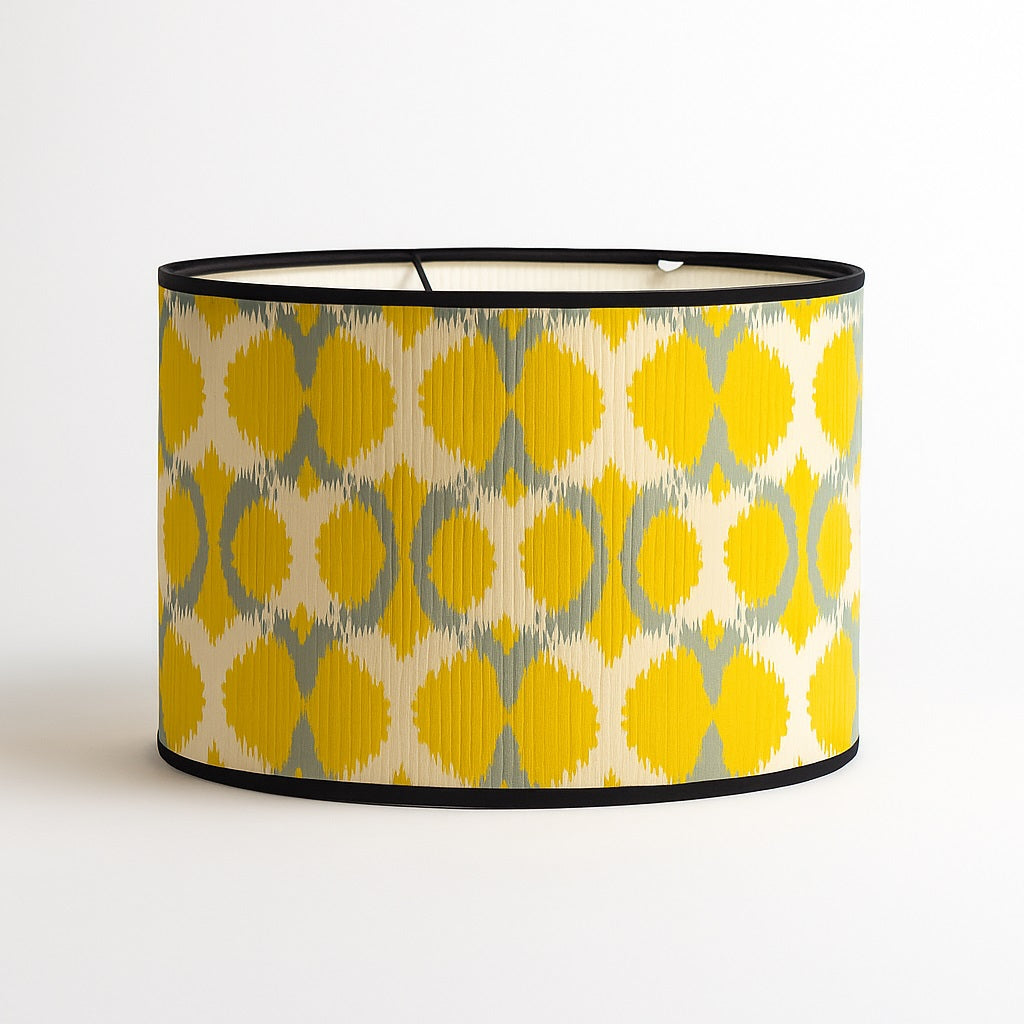 Abat-jour en bambou tressé aux motifs cercles jaunes et gris – design graphique, pour lampe ou suspension culot E27.