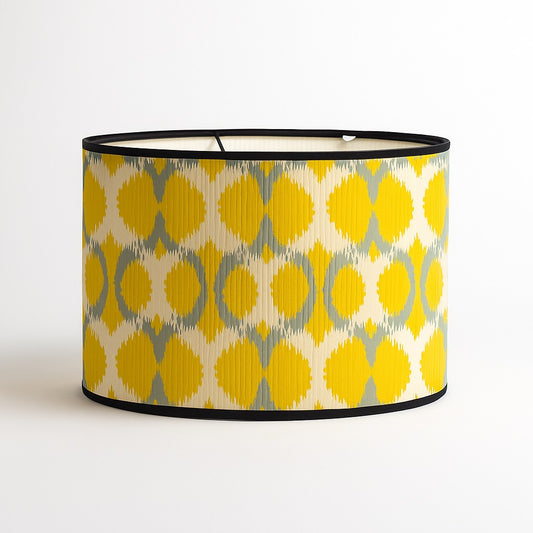 Abat-jour en bambou tressé aux motifs cercles jaunes et gris – design graphique, pour lampe ou suspension culot E27.