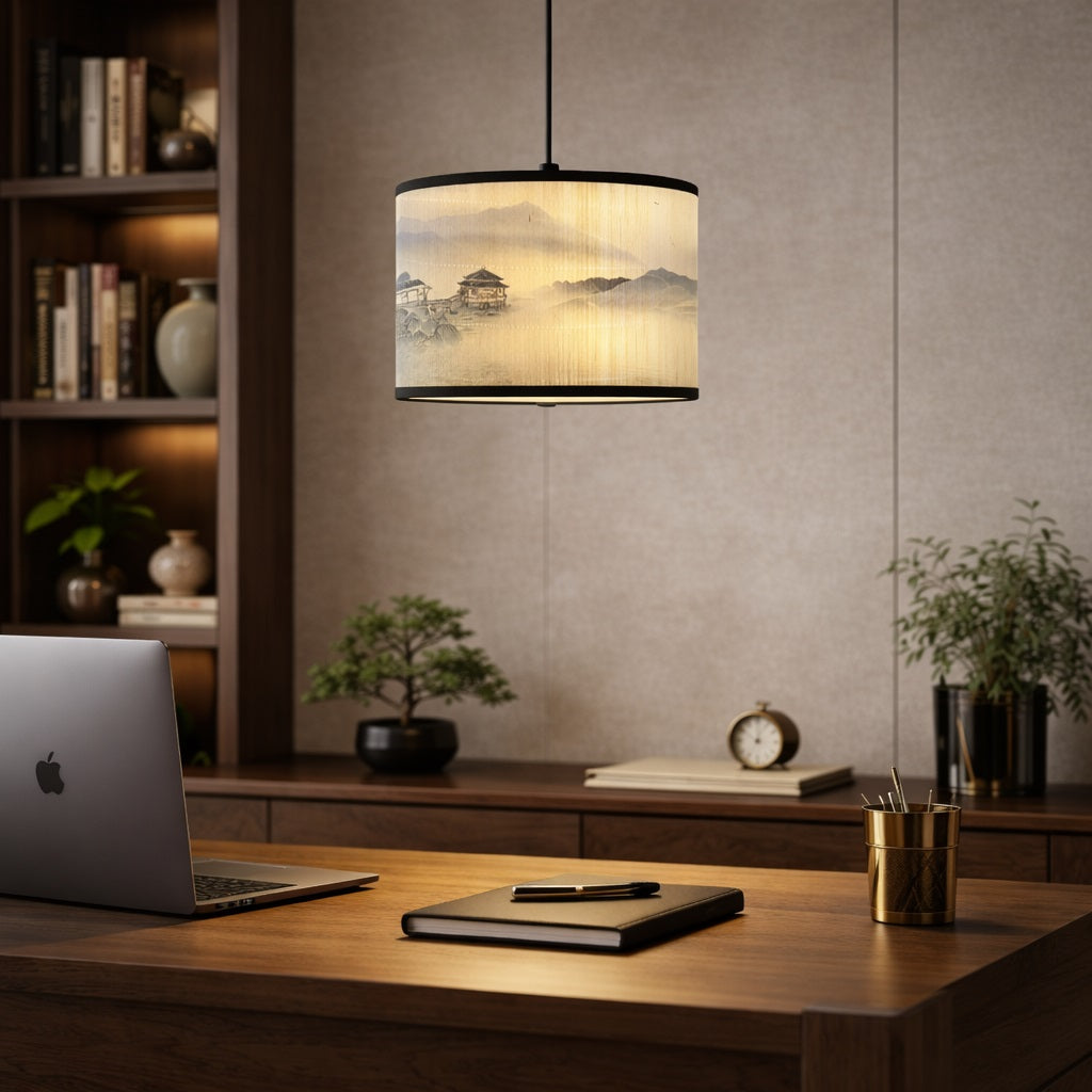 Abat-jour lampe design suspendu au-dessus d’un bureau, abat-jour design inspiré de paysages asiatiques brumeux