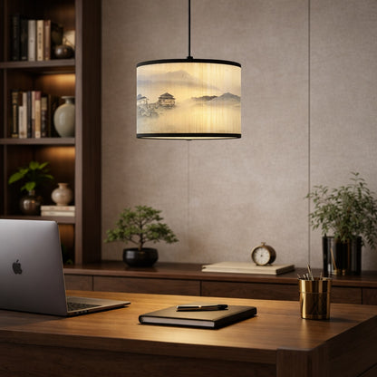 Abat-jour lampe design suspendu au-dessus d’un bureau, abat-jour design inspiré de paysages asiatiques brumeux