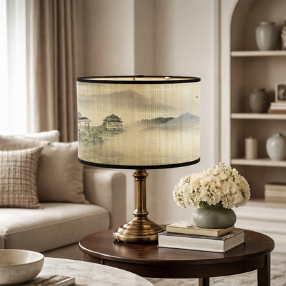 Abat-jour lampe posé dans un salon élégant, abat-jour design à motif pagode diffusant une lumière apaisante