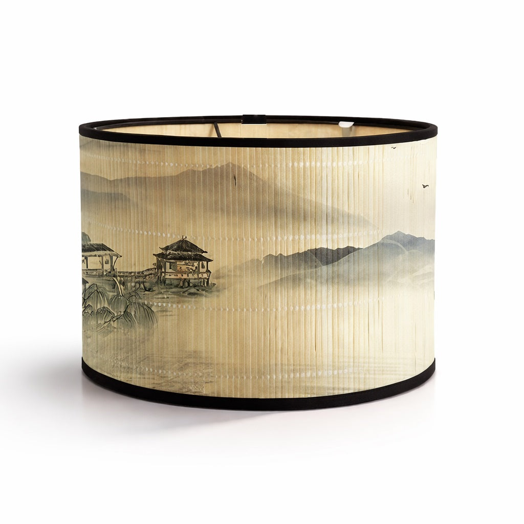 Abat-jour lampe cylindrique à motif pagode et paysage asiatique, abat-jour design en bambou aux tons doux
