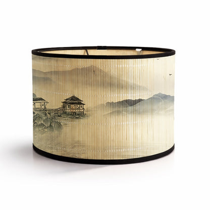 Abat-jour lampe cylindrique à motif pagode et paysage asiatique, abat-jour design en bambou aux tons doux