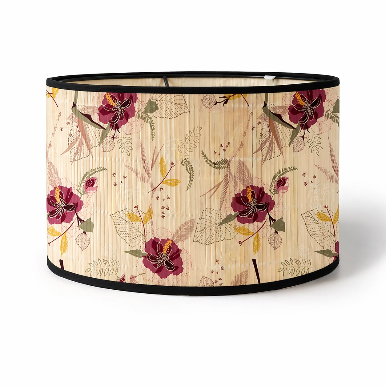Abat-jour bambou fleuri pour lampe design, motif floral rouge et beige, style naturel élégant intérieur moderne