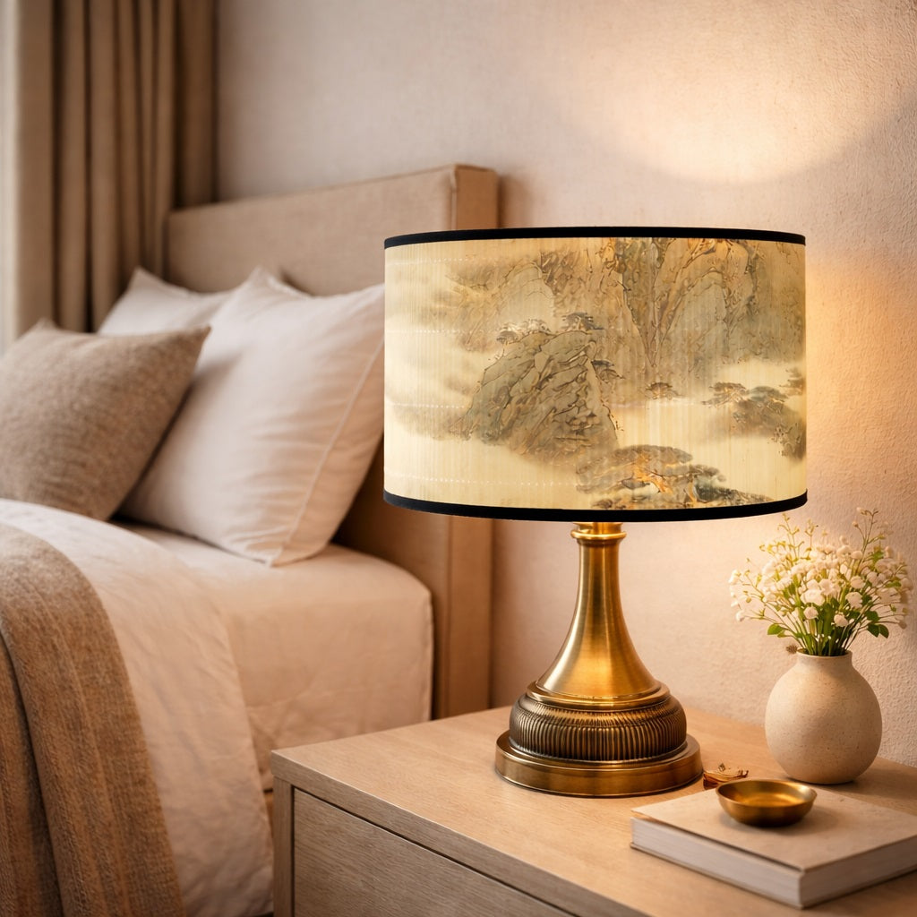 Abat-jour lampe design posé sur une lampe de chevet, abat-jour design créant une lumière douce et relaxante