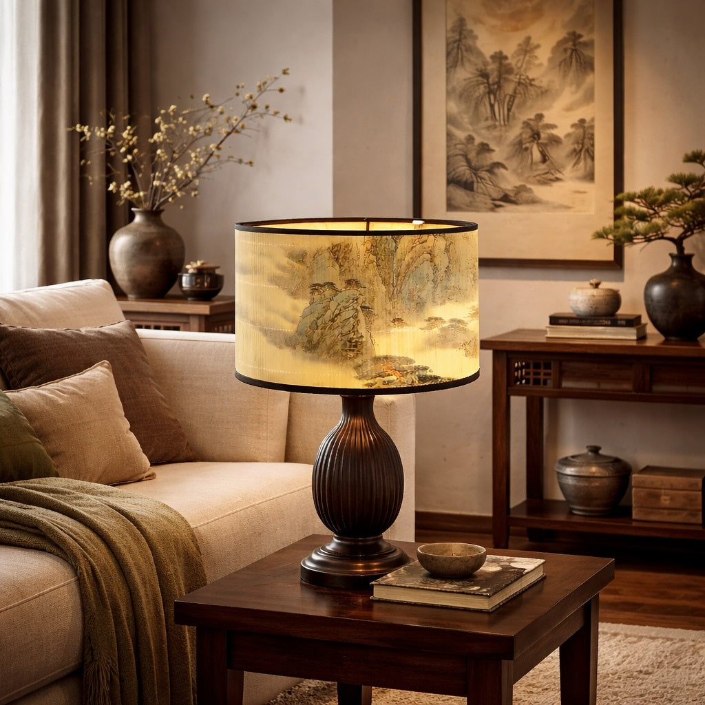 Abat-jour lampe design dans un salon élégant, abat-jour design inspiré de paysages asiatiques apaisants