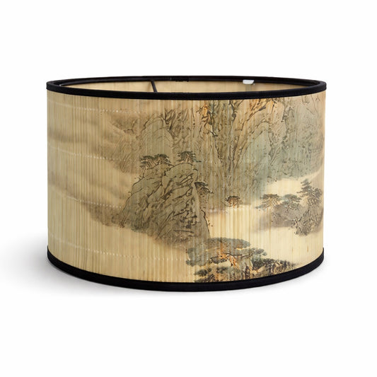 Abat-jour lampe cylindrique à motif paysage rocaille, abat-jour design en bambou plissé aux tons naturels