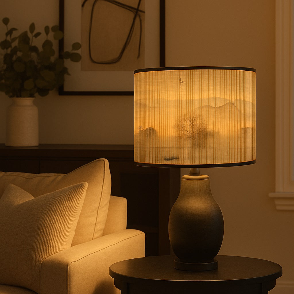 Abat-jour lumineux ambiance brumeuse, idéal pour un lampadaire créant une atmosphère chaleureuse et relaxante.