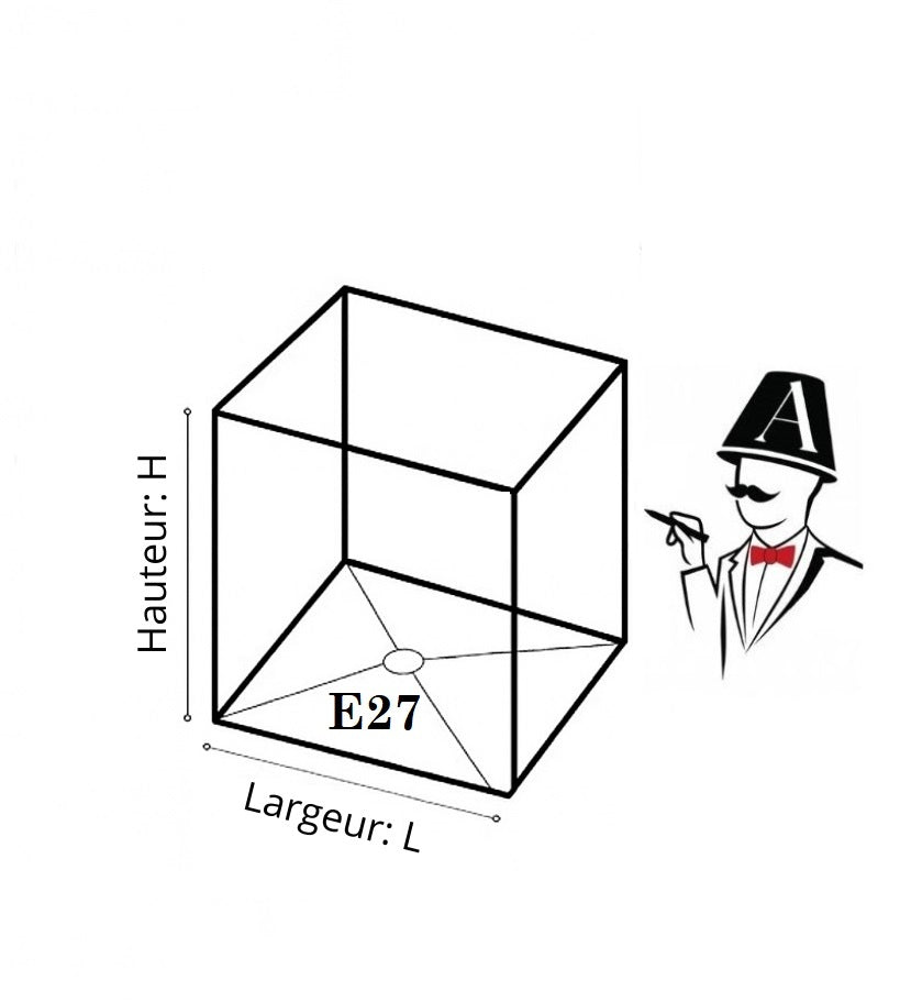 Schéma technique abat-jour carré E27 avec mesures largeur et hauteur, illustration explicative pour choix de dimensions.