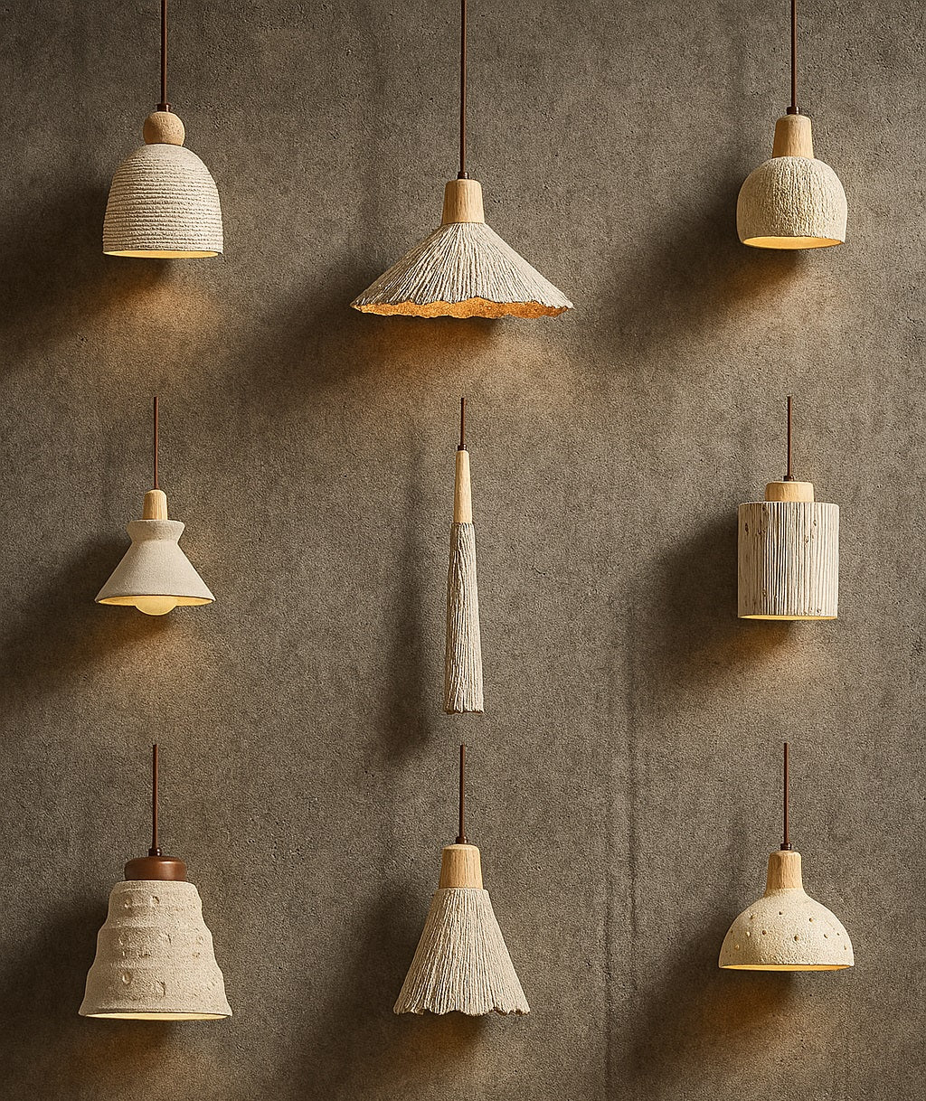 Collection d’abat-jour en ciment naturel suspendus, design artisanal et textures brutes pour suspension moderne.