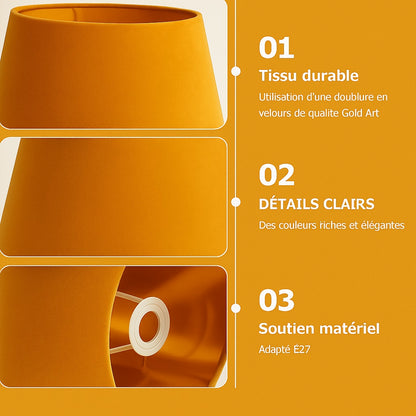Zoom sur l’abat-jour conique en velours jaune, tissu de qualité et support E27 robuste, finition élégante.