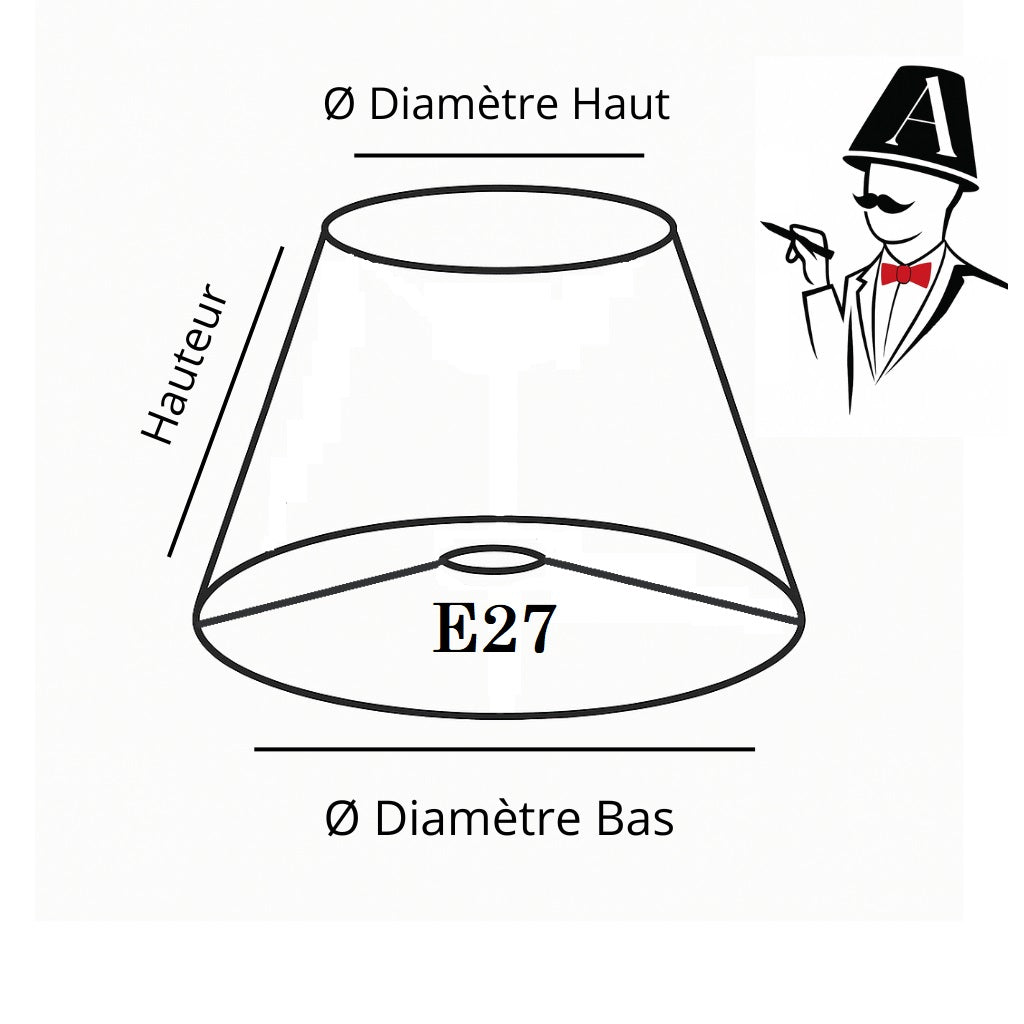 Schéma abat-jour conique E27 avec dimensions : diamètre haut, diamètre bas et hauteur pour lampe de chevet ou lampadaire.
