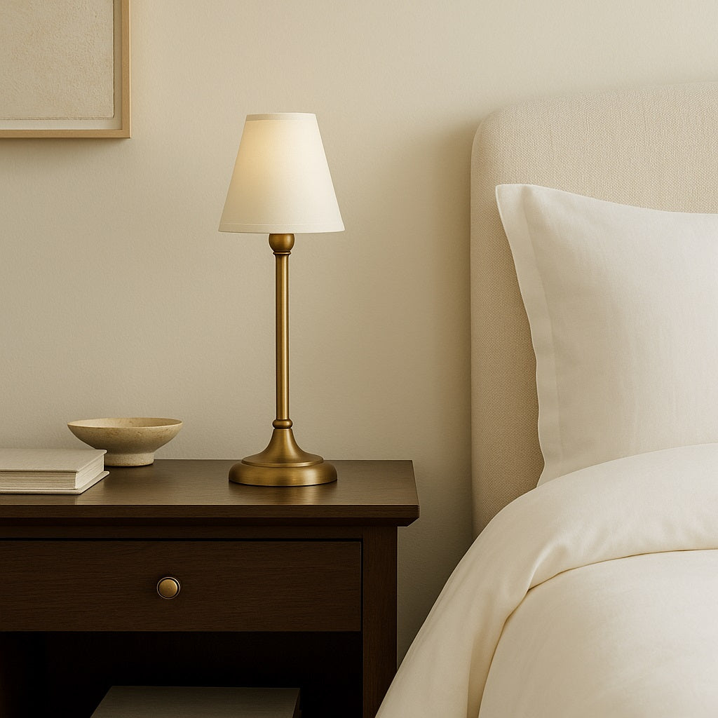 Abat-jour conique blanc sur lampe de chevet dorée, éclairage doux et élégant pour une chambre cosy.