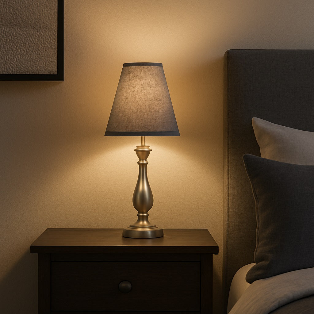 Abat-jour conique gris allumé, abat-jour lampe de chevet diffusant une lumière douce dans une chambre cosy.