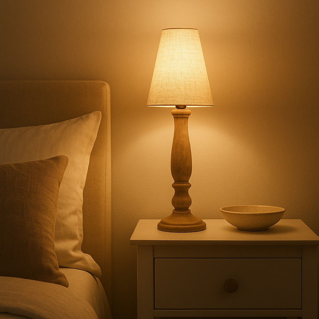 Abat-jour lampe de chevet en lin allumé, abat-jour conique créant une lumière douce et apaisante.