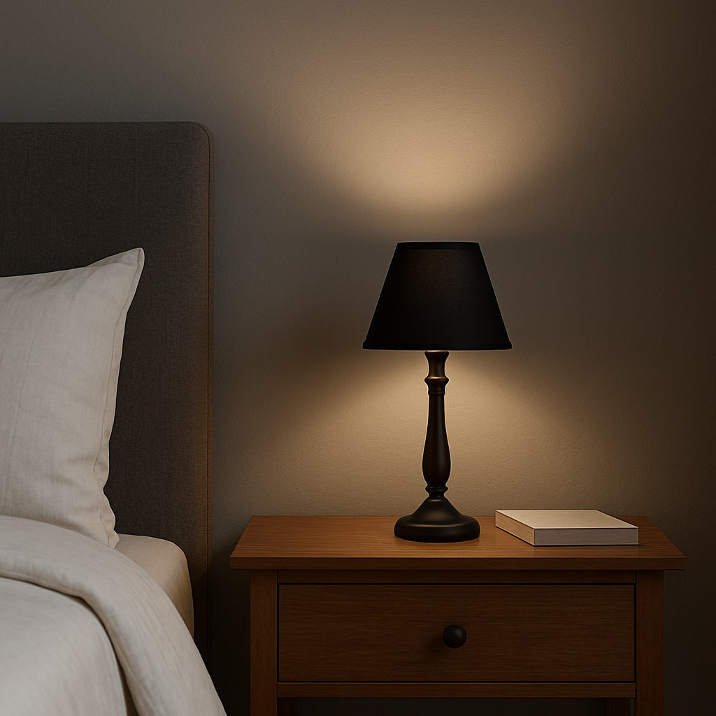 Abat-jour lampe de chevet noir allumé, abat-jour conique diffusant une lumière douce en ambiance nocturne.