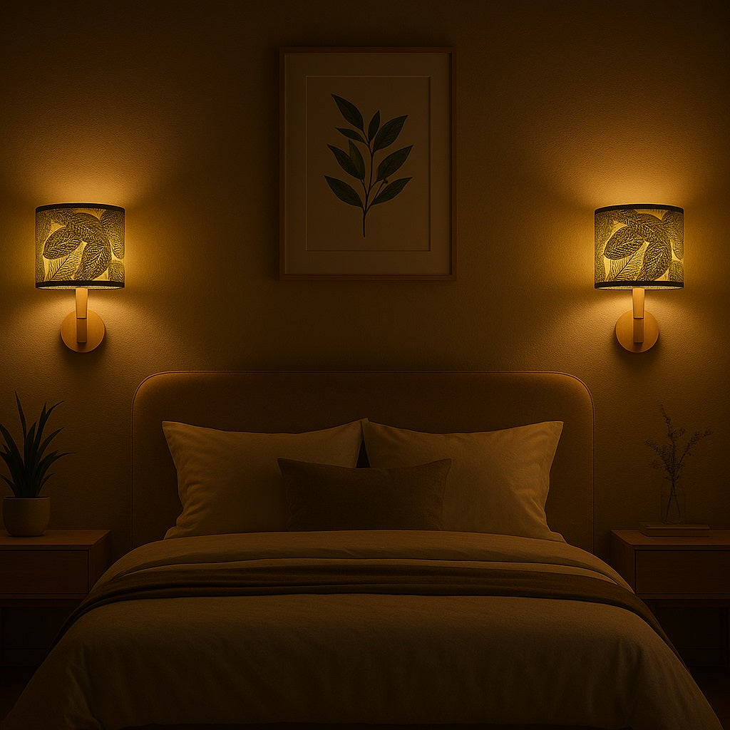 Ambiance cosy dans une chambre avec deux appliques murales et abat-jour feuillage diffusant une lumière douce et chaleureuse.