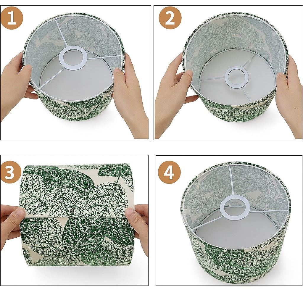 Montage facile d’un abat-jour cylindrique en tissu à motif feuillage vert – guide visuel en 4 étapes pour installation rapide.