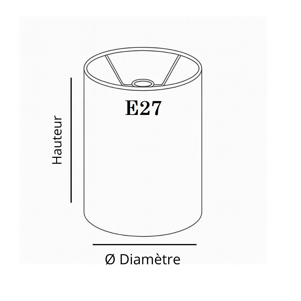 Schéma d’un abat-jour cylindrique avec support E27, hauteur et diamètre indiqués, vue technique sur fond blanc.