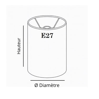 Schéma d’un abat-jour cylindrique avec support E27, hauteur et diamètre indiqués, vue technique sur fond blanc.