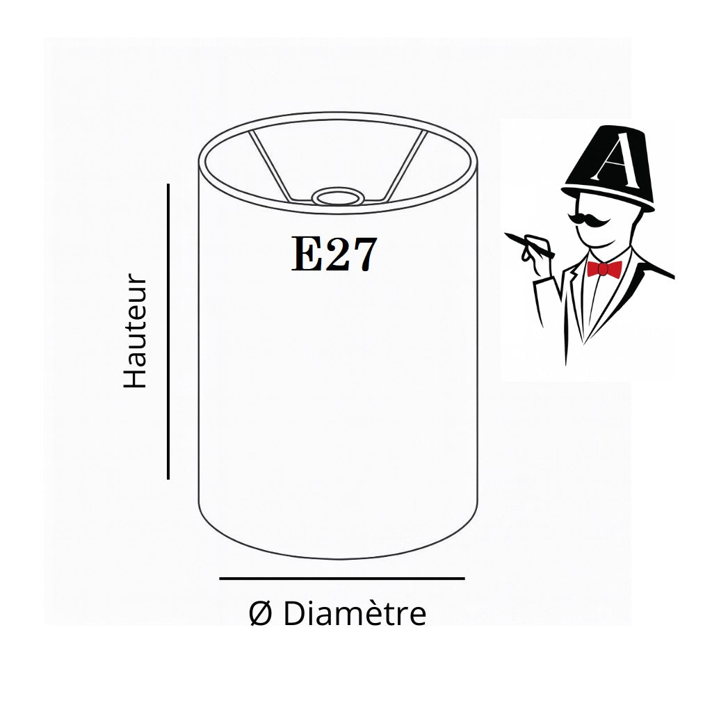 Schéma d’abat-jour cylindrique E27 avec mesures, accompagné d’un logo illustrateur à droite, présentation sur fond blanc.
