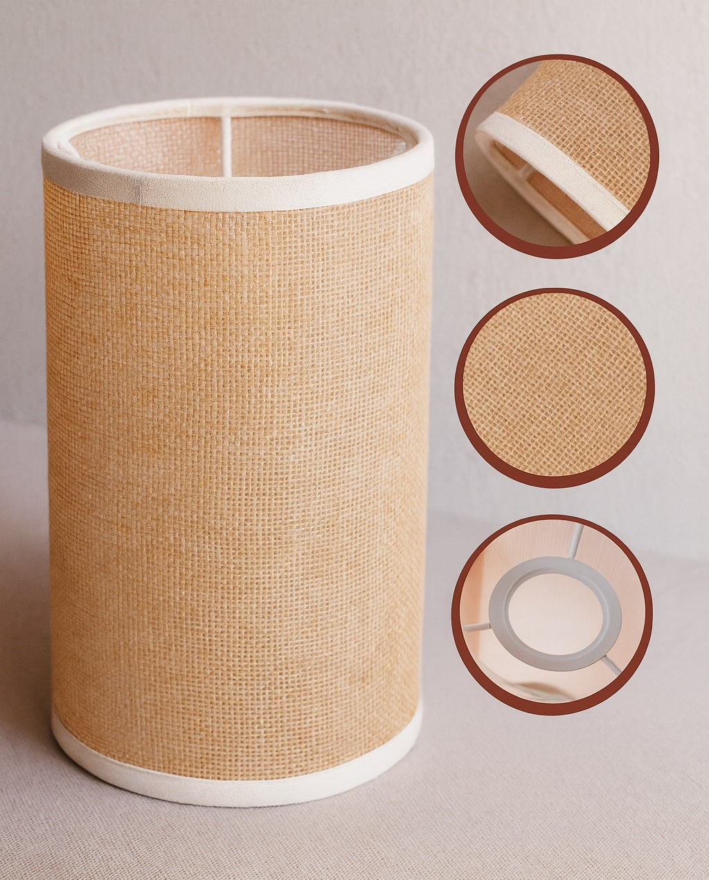 Détails d’un abat-jour en tissu cylindrique, texture naturelle et structure métallique E27