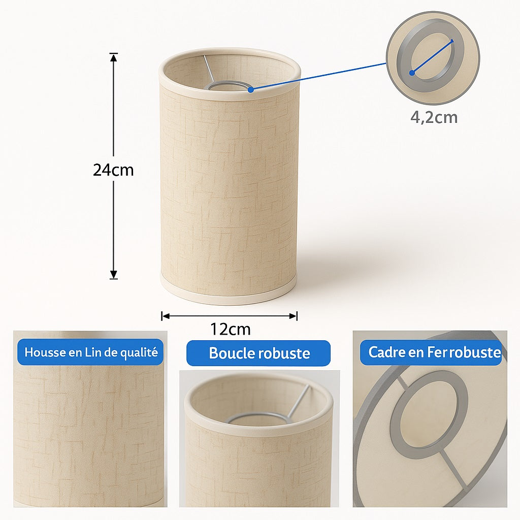 Abat-jour cylindrique 24x12 cm en lin texturé avec armature métallique robuste, boucle de fixation E27 et finitions de qualité.