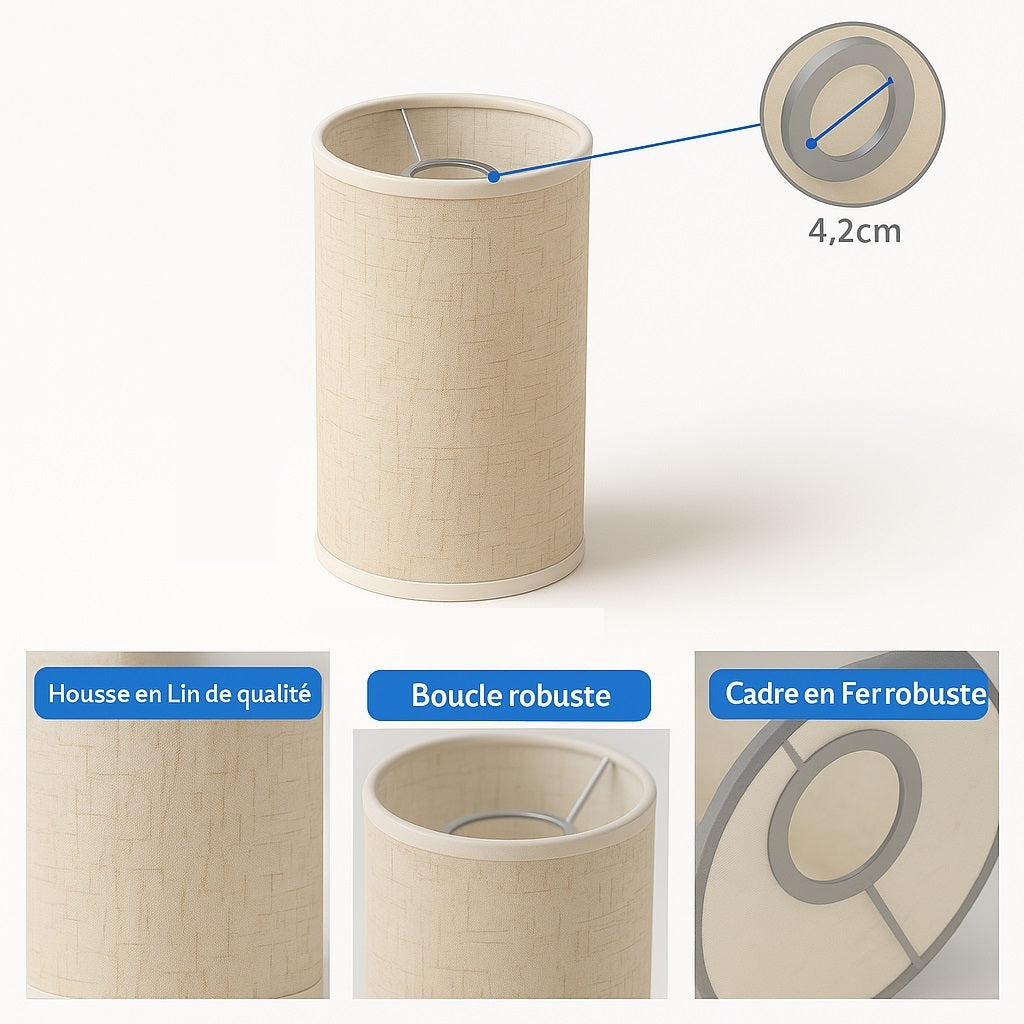 Abat-jour cylindrique 24x12 cm en lin texturé avec armature métallique robuste, boucle de fixation E27 et finitions de qualité.