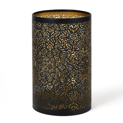Abat-jour cylindrique métal noir ajouré, motif floral mandala doré, lumière tamisée décorative, culot E27