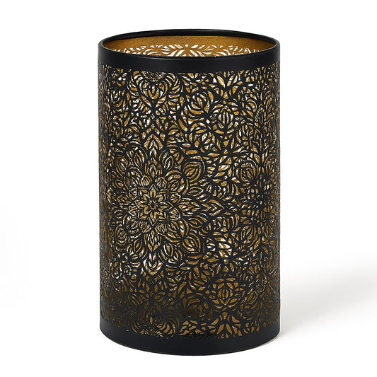 Abat-jour cylindrique métal noir ajouré, motif floral mandala doré, lumière tamisée décorative, culot E27