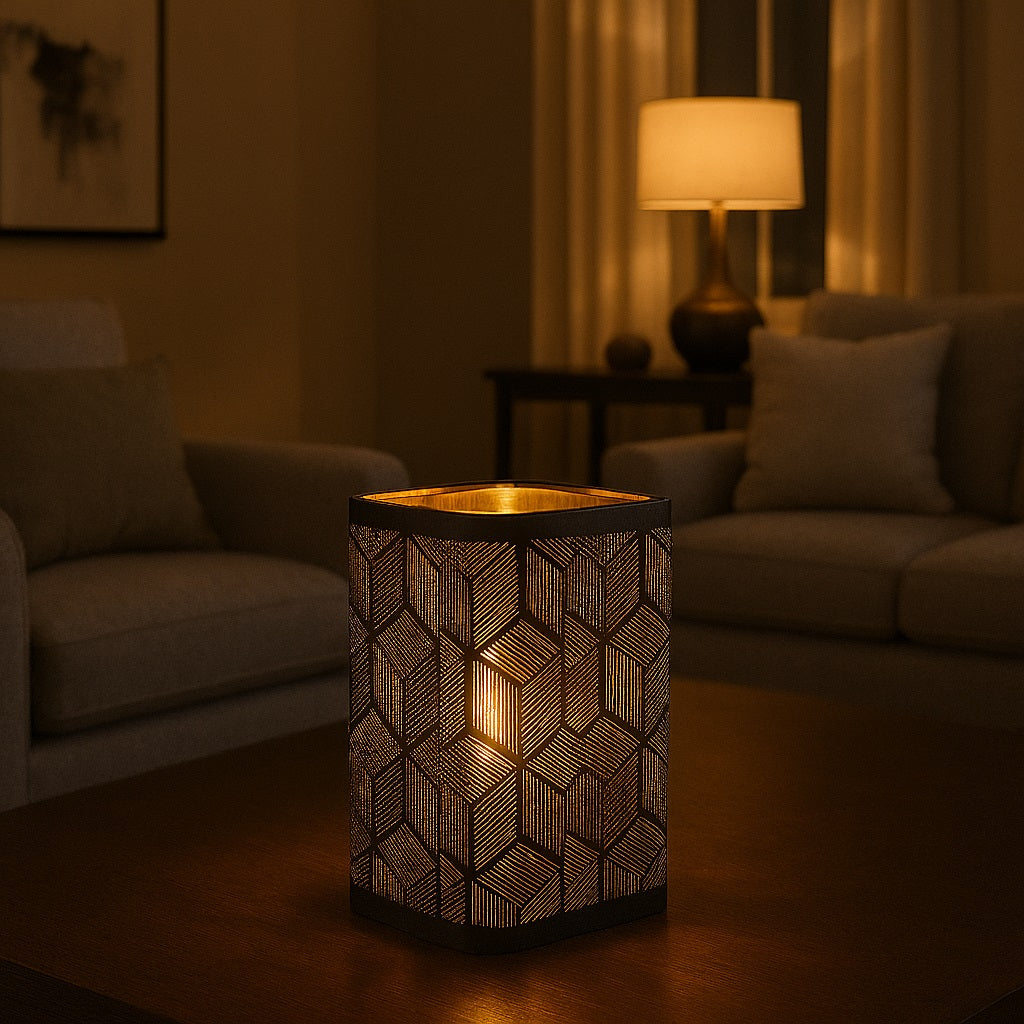 Abat-jour métal doré sur lampe de bureau, éclairage chaleureux et style moderne élégant.