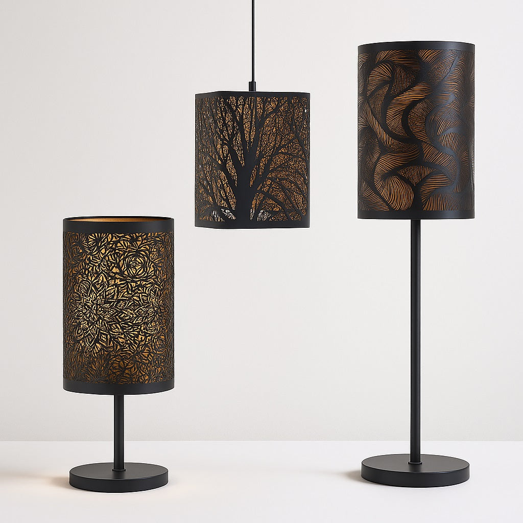 Abat-jour métal noir ajouré E27, montés en lampe de chevet, suspension et lampadaire, lumière tamisée et design décoratif.