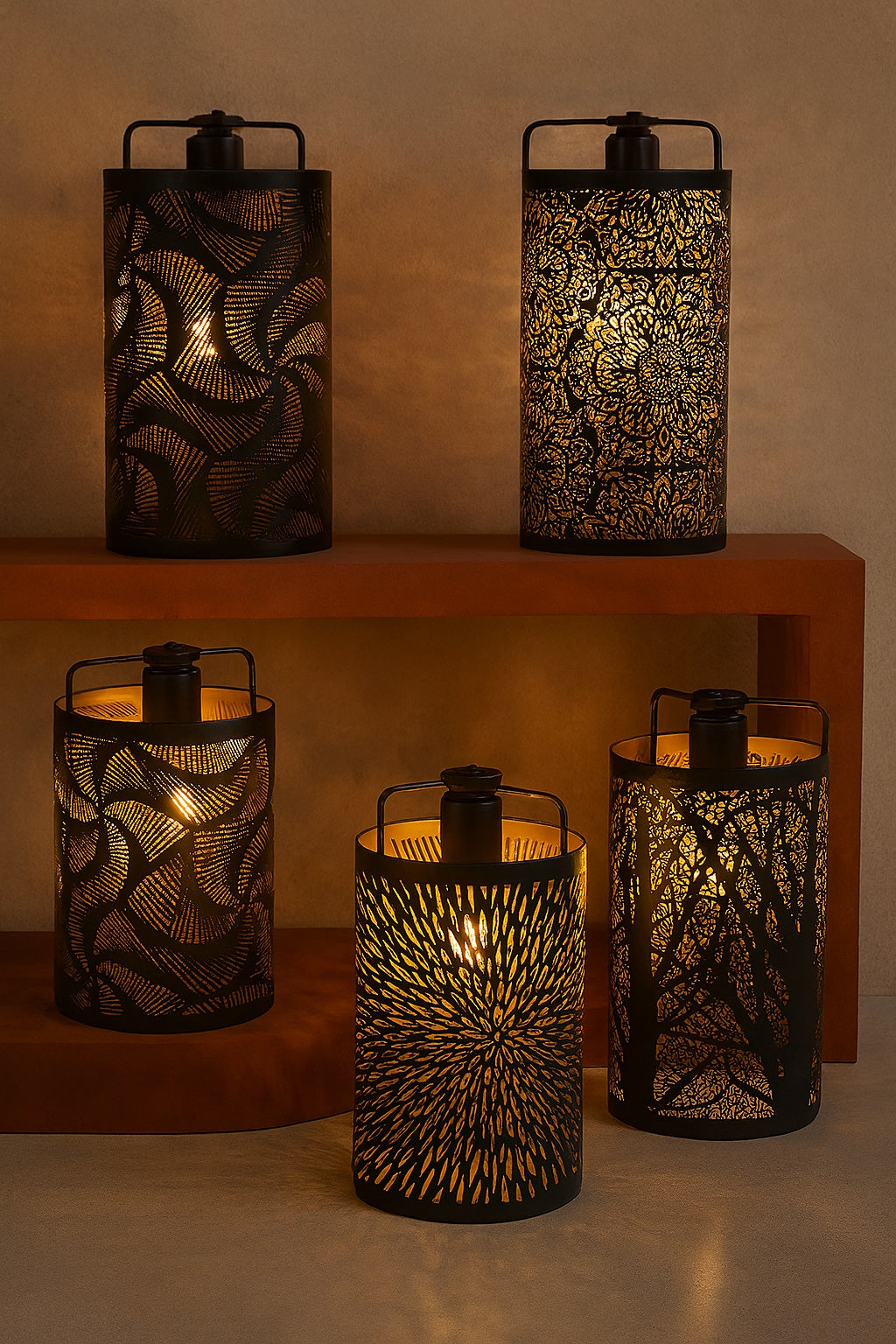 Abat-jour en métal noir ajouré allumés, ambiance chaleureuse, lumière tamisée décorative, motifs floraux, arbres et graphiques.