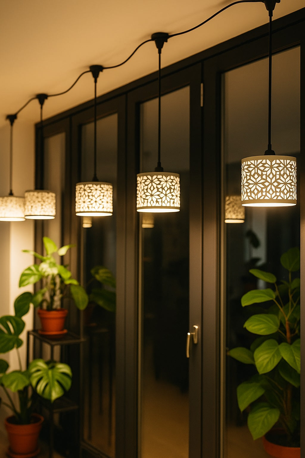 Abat jour suspensions en métal ajouré allumées dans un salon moderne, créant une ambiance chaleureuse et design.