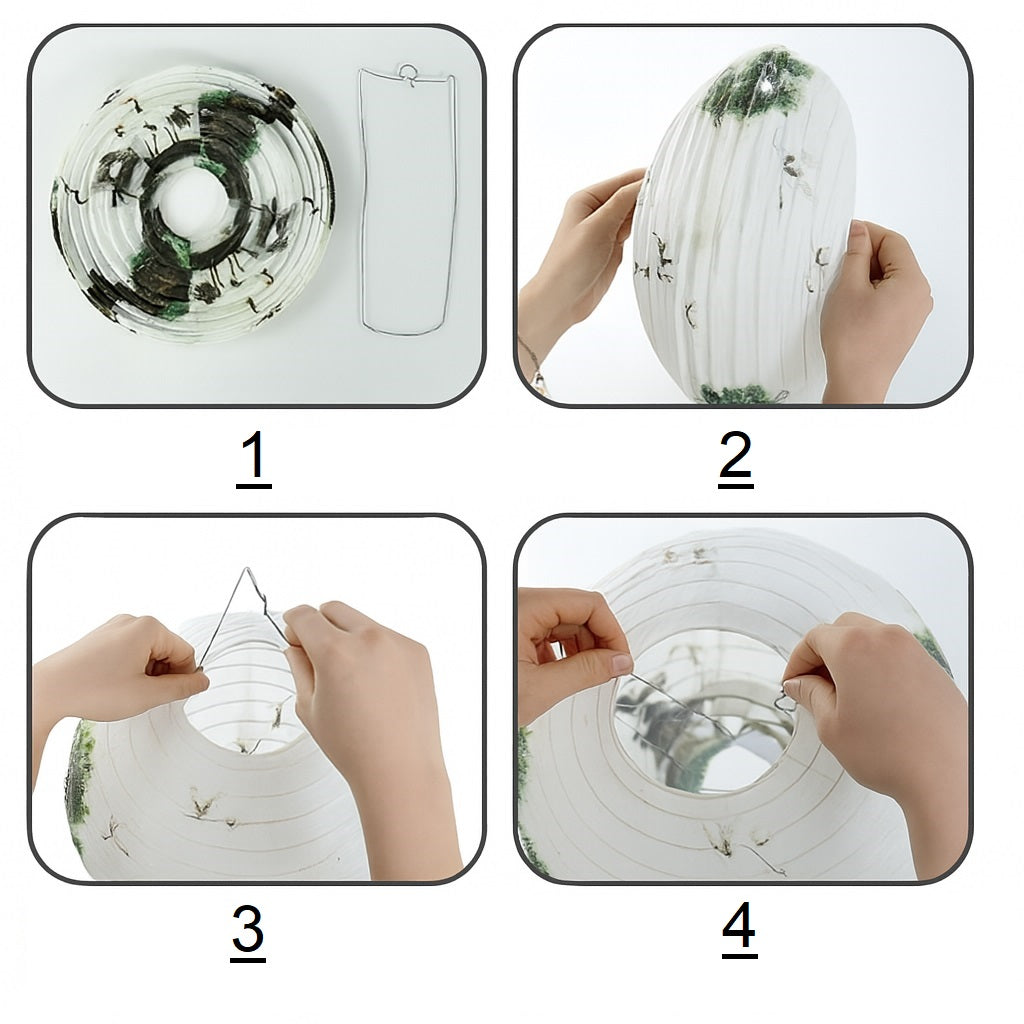 Notice de montage étape par étape pour abat-jour en papier : ouverture, dépliage, insertion de la structure, fixation finale.