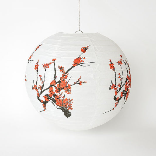 Abat-jour boule en papier blanc décoré de fleurs de cerisier rouges, style japonais traditionnel