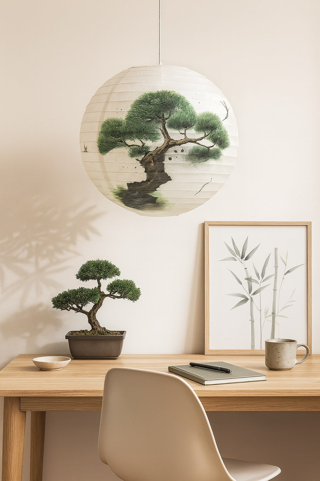 Abat-jour en papier japonais décoré d’un bonsaï, suspension naturelle au-dessus d’un bureau zen en bois clair.