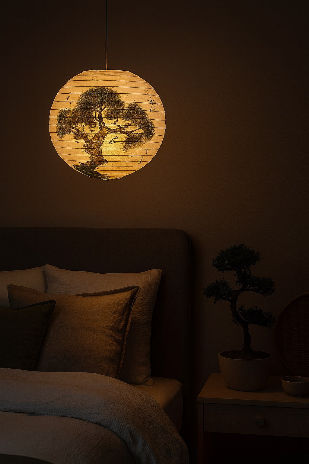 Abat-jour en papier peint d’un bonsaï, éclairé le soir pour une ambiance zen et chaleureuse dans la chambre.