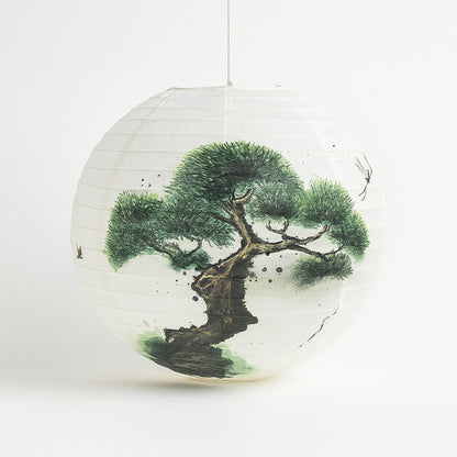 Abat-jour suspension en papier blanc avec motif arbre zen japonais, forme ronde et style asiatique pour décoration intérieure apaisante