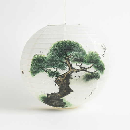 Abat-jour suspension en papier blanc avec motif arbre zen japonais, forme ronde et style asiatique pour décoration intérieure apaisante