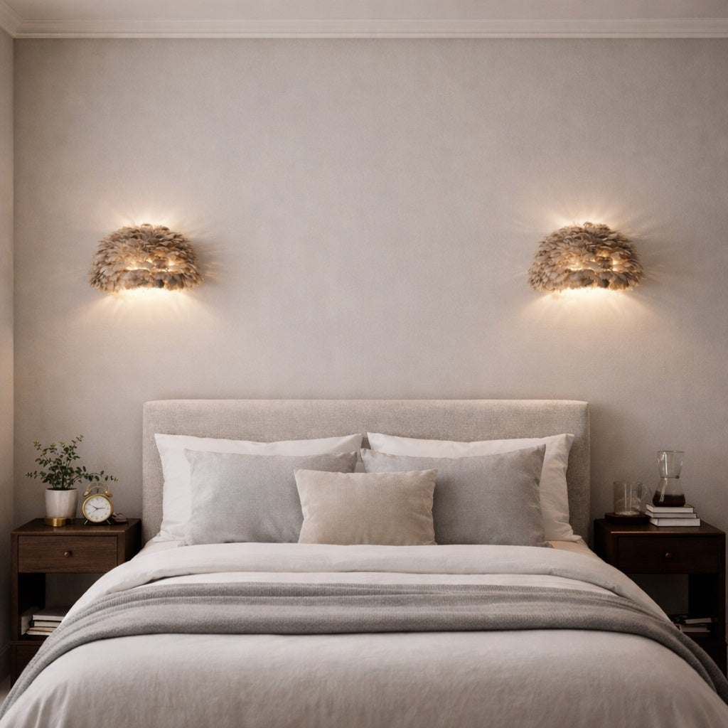 Abat-jour mural en plumes naturelles diffusant une lumière douce dans une chambre élégante et apaisante