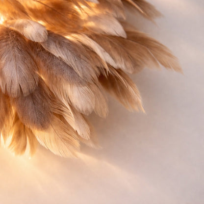 Abat-jour mural en plumes aux nuances beige et caramel, détail de matière et lumière tamisée