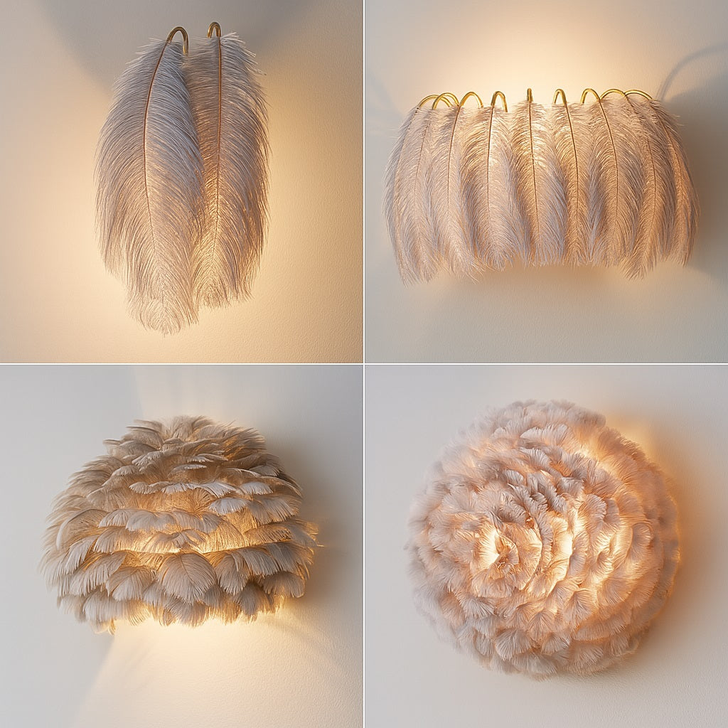 Collection d’appliques à plumes grises, vues multiples avec lumière chaude et reflets soyeux