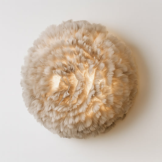 Applique ronde en plumes grises, lumière chaleureuse pour une atmosphère douce et naturelle.